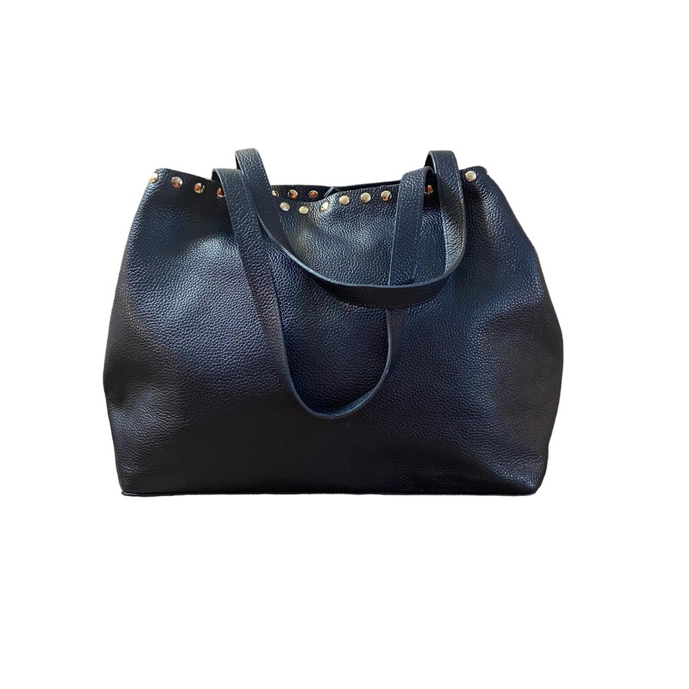LAGGO Navy Blue Pebbled Leather Studded Tote Bag Large Shoulder Bag Gold Studs